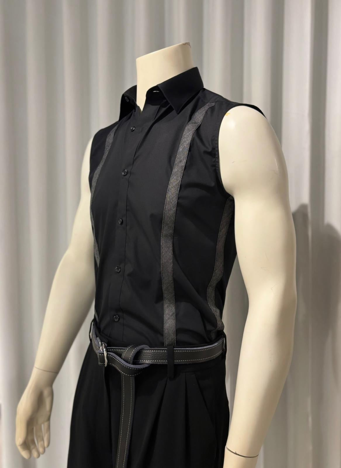 Black Sleeveless Shirt with Stripe Appliqué
