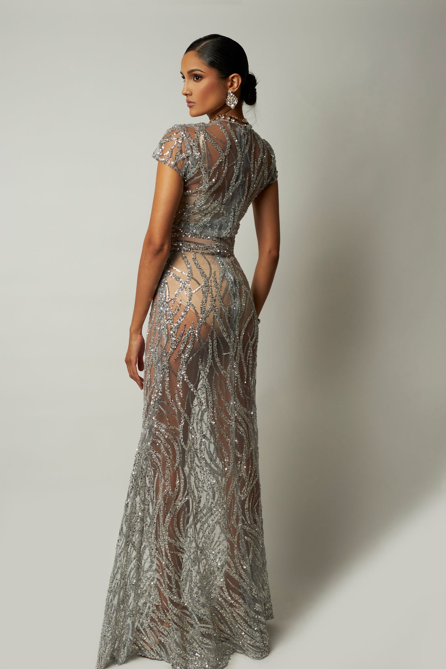 Short sleeve long silver dress