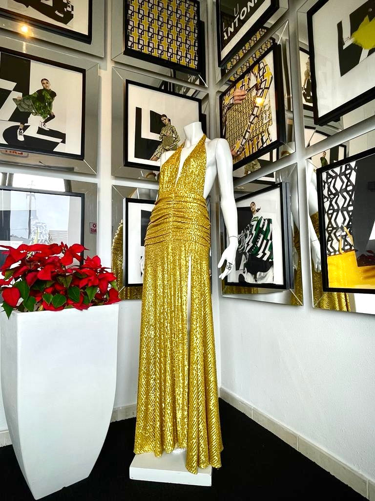 Halter long gold dress
