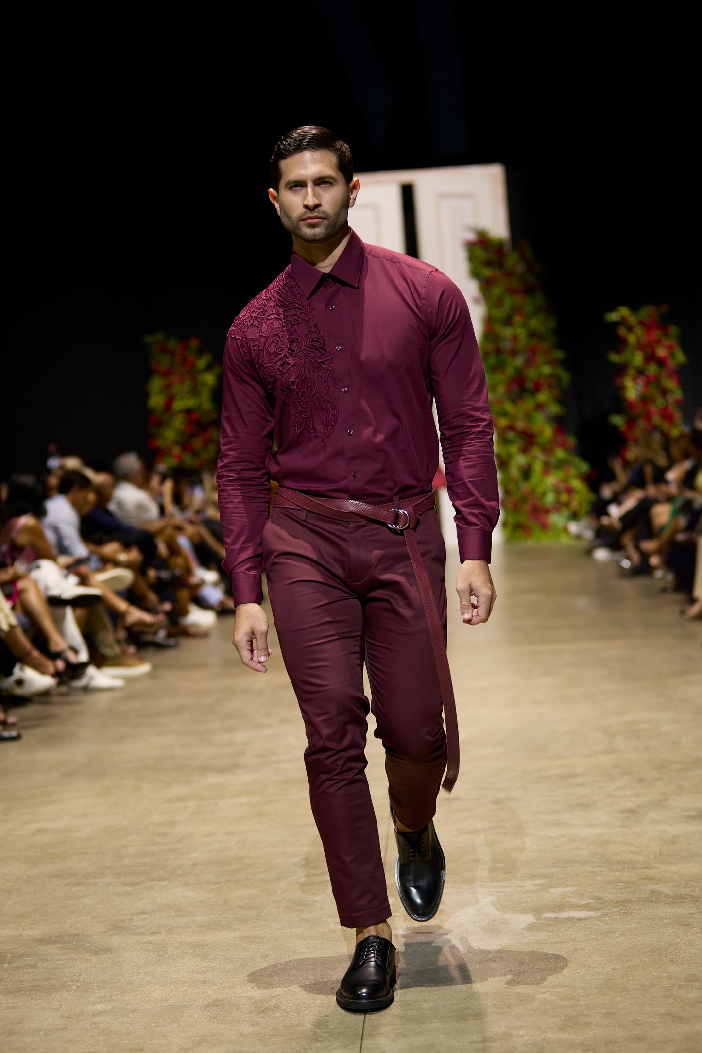 Burgundy Shirt with Floral Appliqué