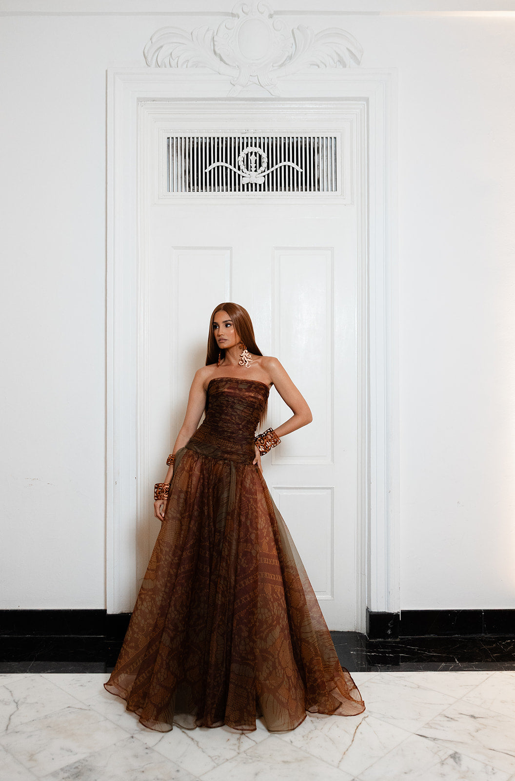 Strapless printed ball gown