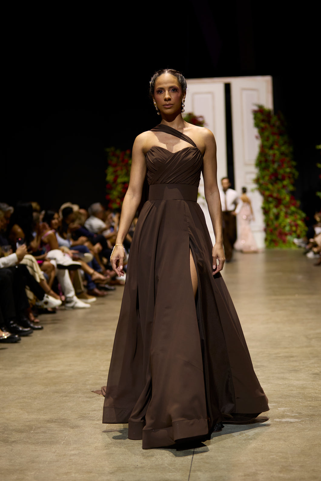 Chocolate Brown One-Shoulder Gown with High Slit