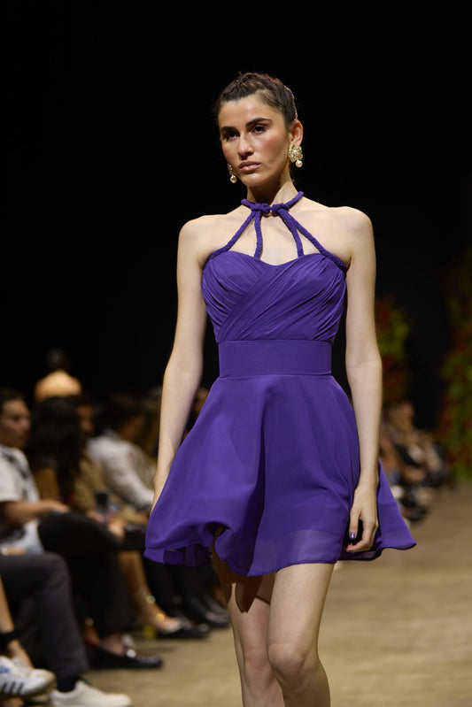 Purple Halter Fit-and-Flare Mini Dress