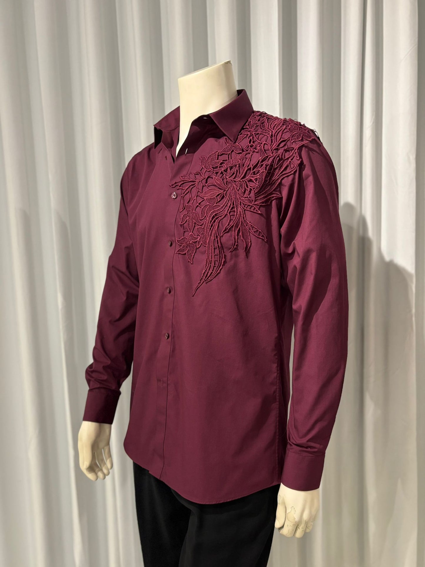 Burgundy Shirt with Floral Appliqué