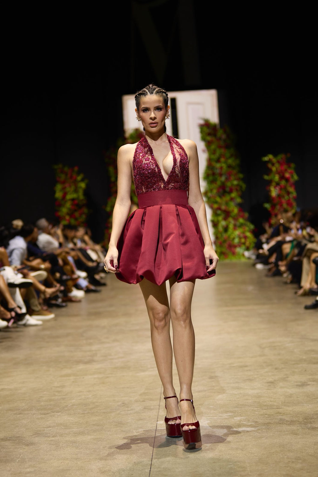Burgundy Lace Halter Mini Dress