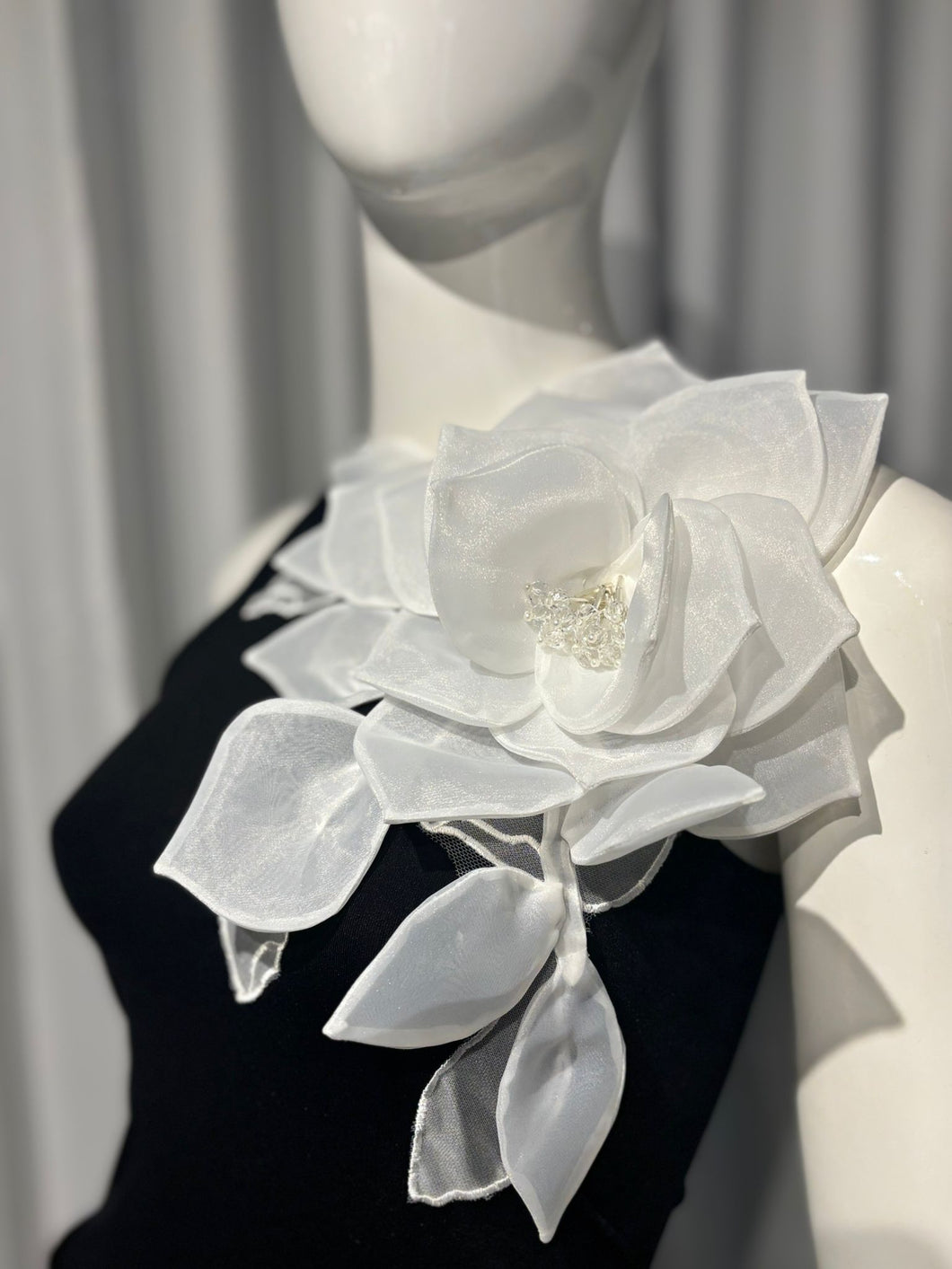 Black Bodysuit with White Flower Appliqué