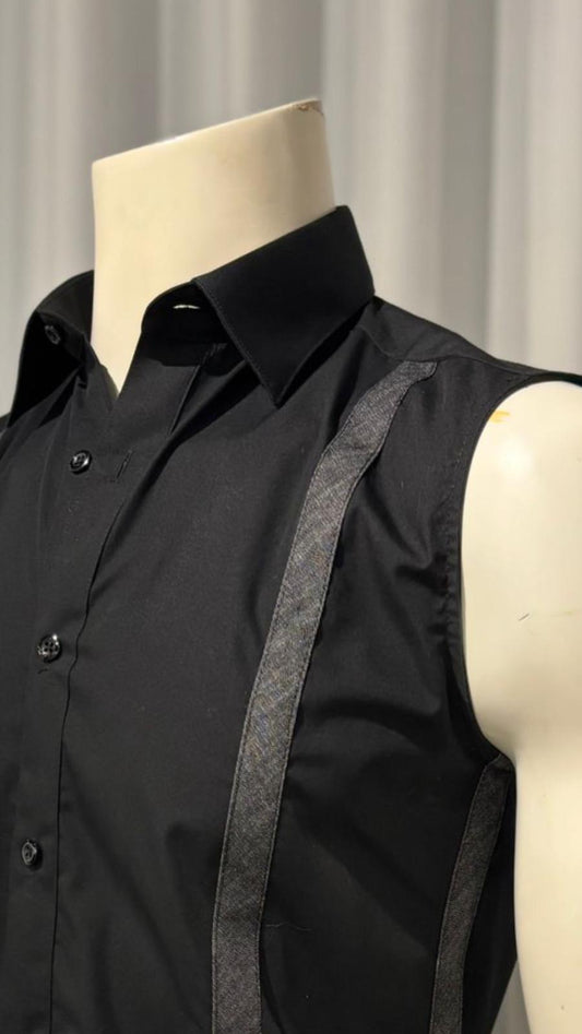 Black Sleeveless Shirt with Stripe Appliqué