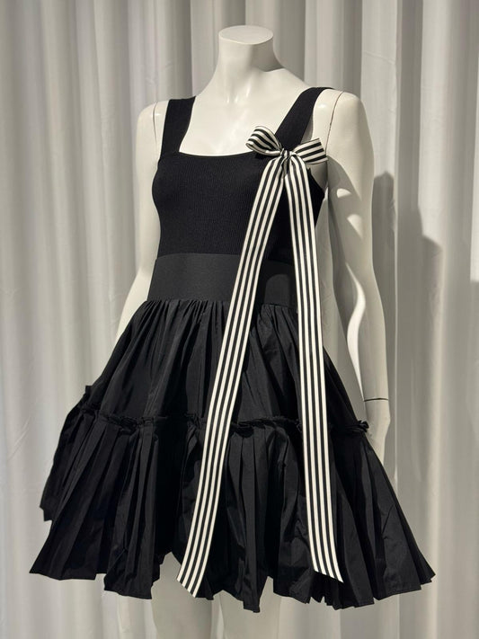 Black Body Suit with Striped Bow