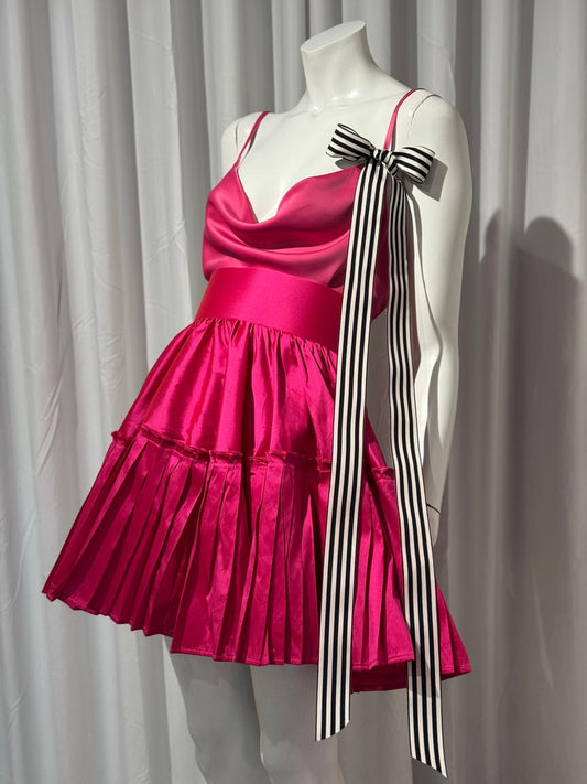 Fuchsia Satin Top with Striped Bow