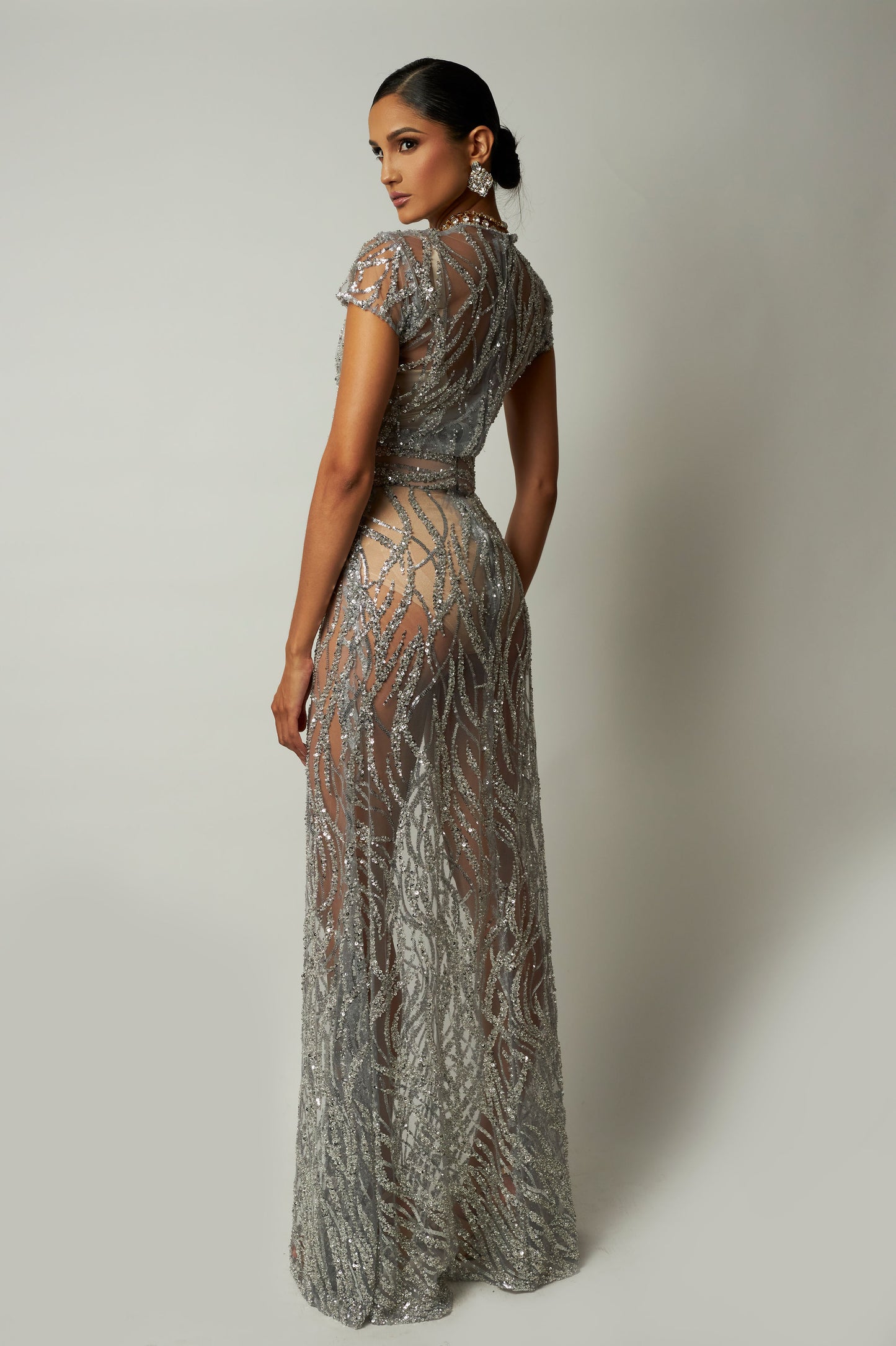 Short sleeve long silver dress