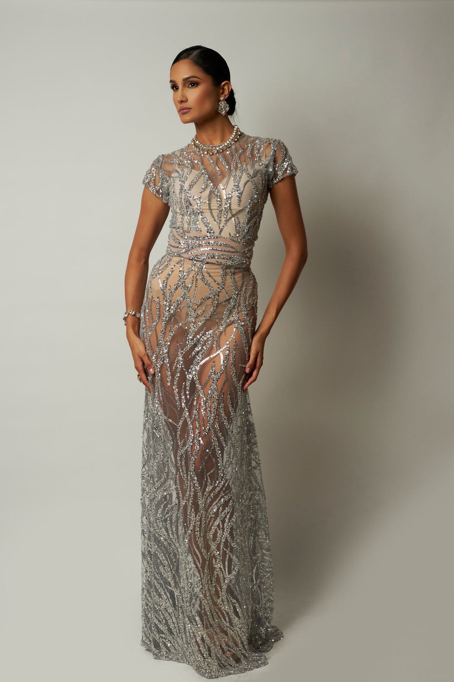 Short sleeve long silver dress