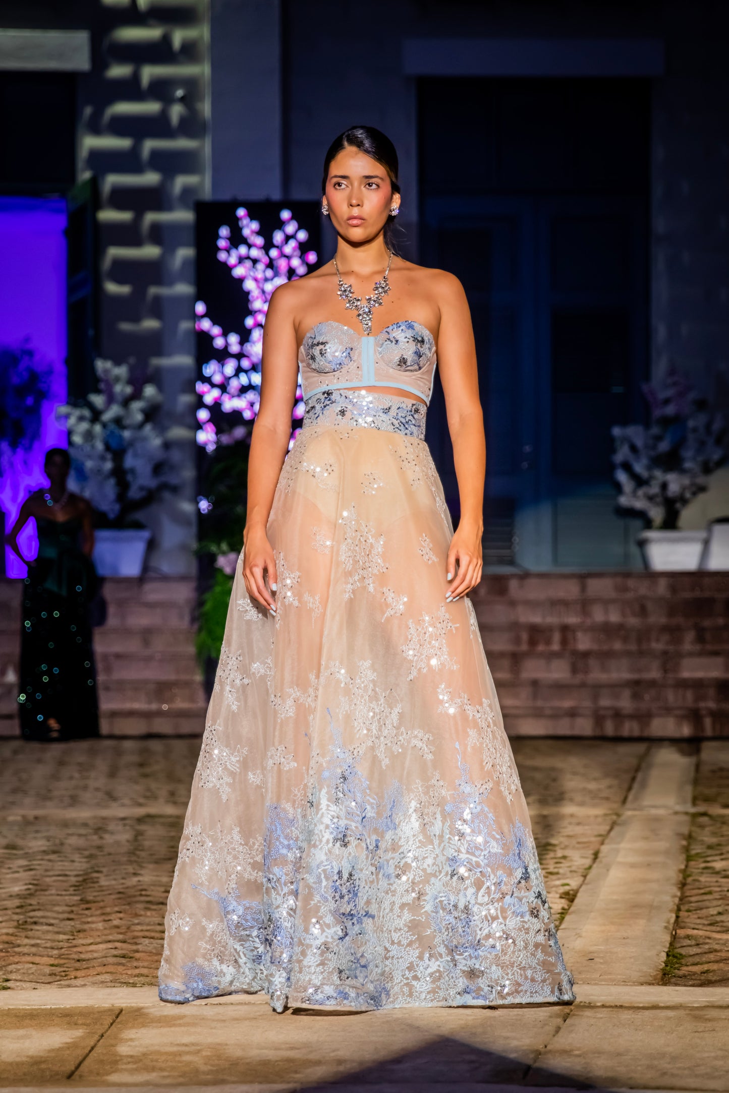 Strapless Blue Embroidered Corset Gown